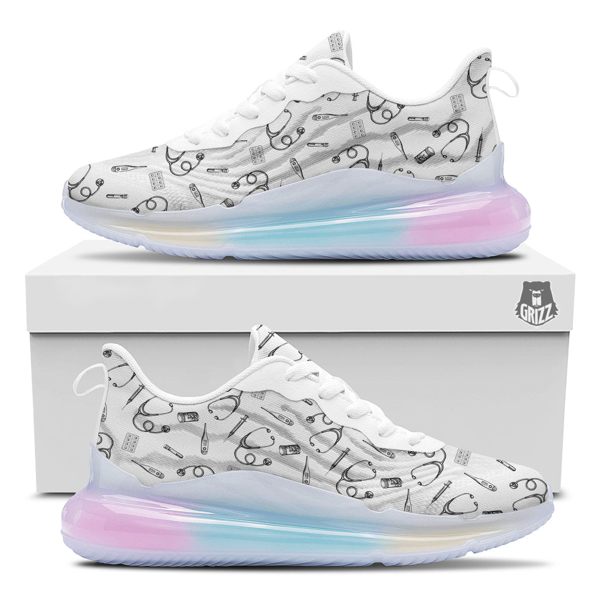 Stethoscope White And Black Print Pattern Running Sneakers-grizzshop
