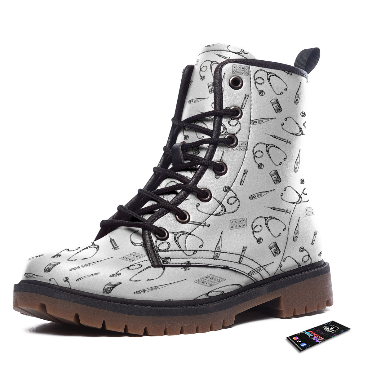 Stethoscope White And Black Print Pattern Work Boots-grizzshop