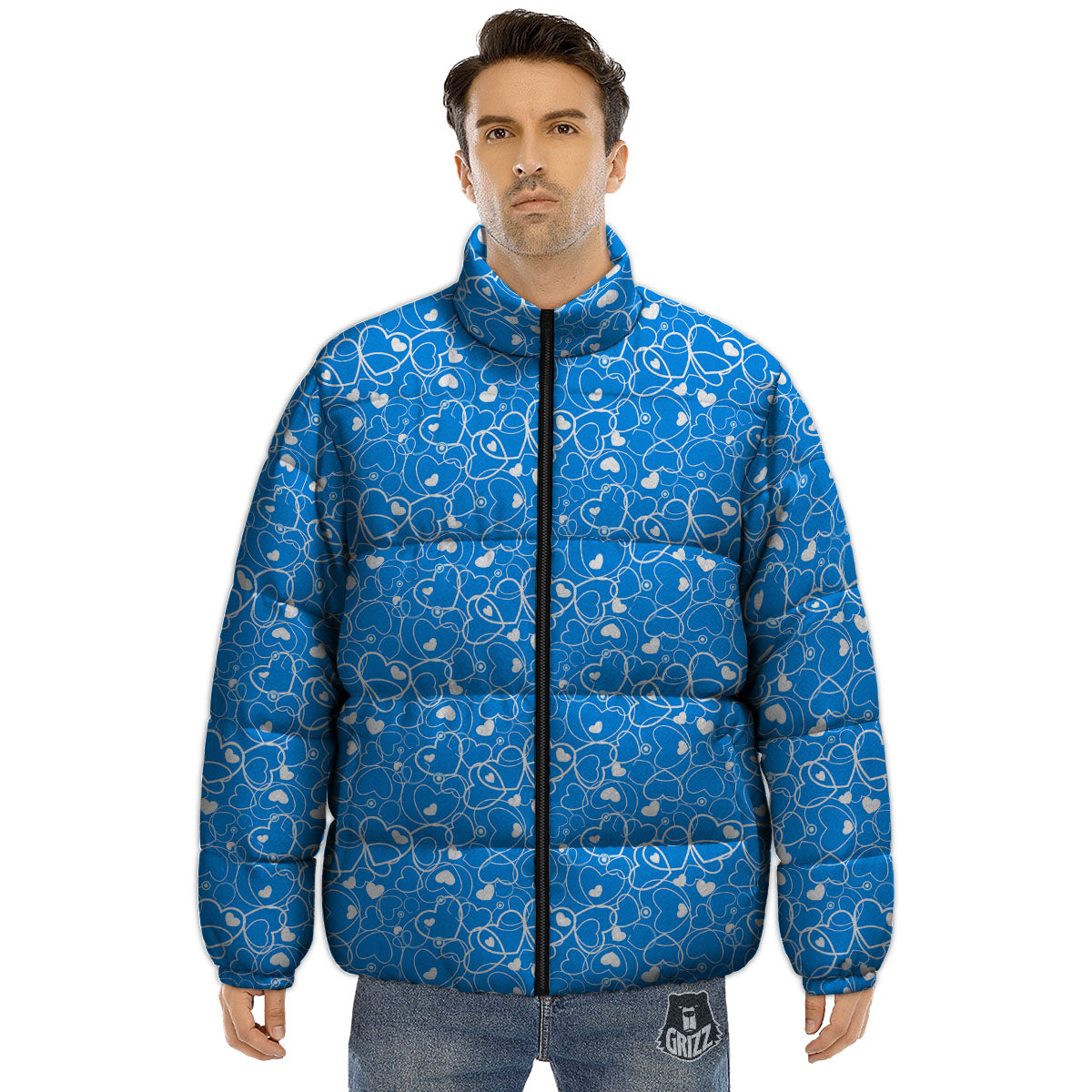 Stethoscope White And Blue Print Pattern Puffer Jacket-grizzshop