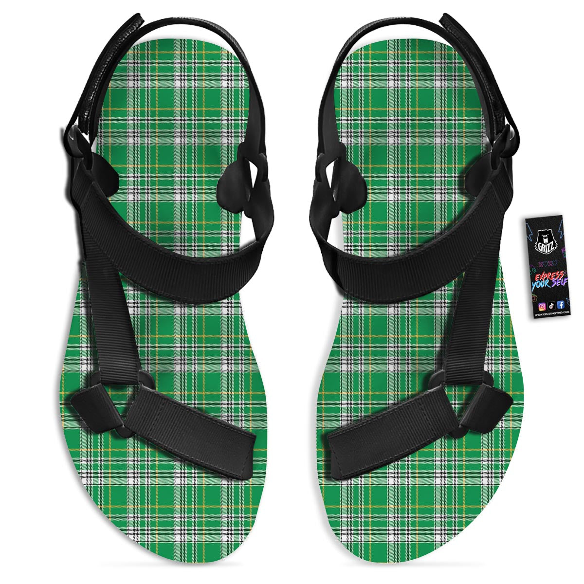 Stewart Plaid Saint Patrick's Day Print Pattern Black Open Toe Sandals-grizzshop