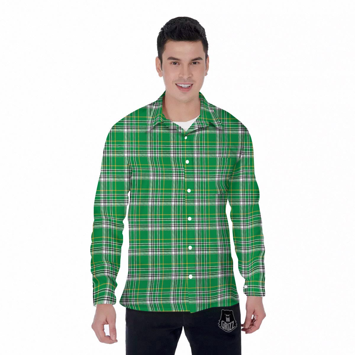 Stewart Plaid Saint Patrick's Day Print Pattern Men's Long Sleeve Shirts-grizzshop