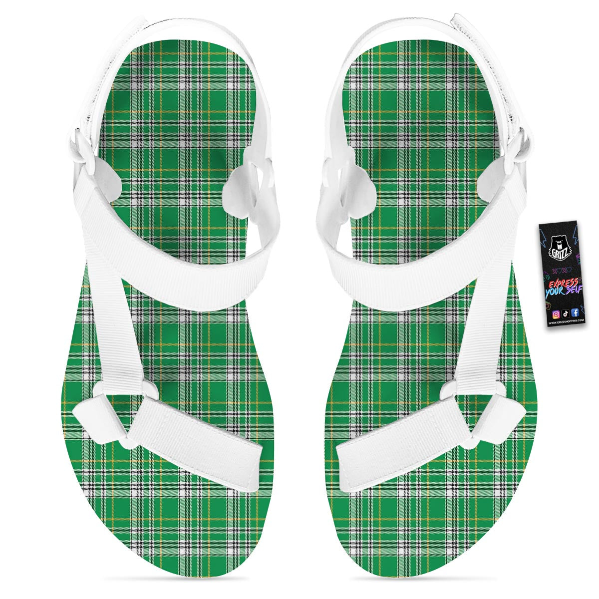 Stewart Plaid Saint Patrick's Day Print Pattern White Open Toe Sandals-grizzshop