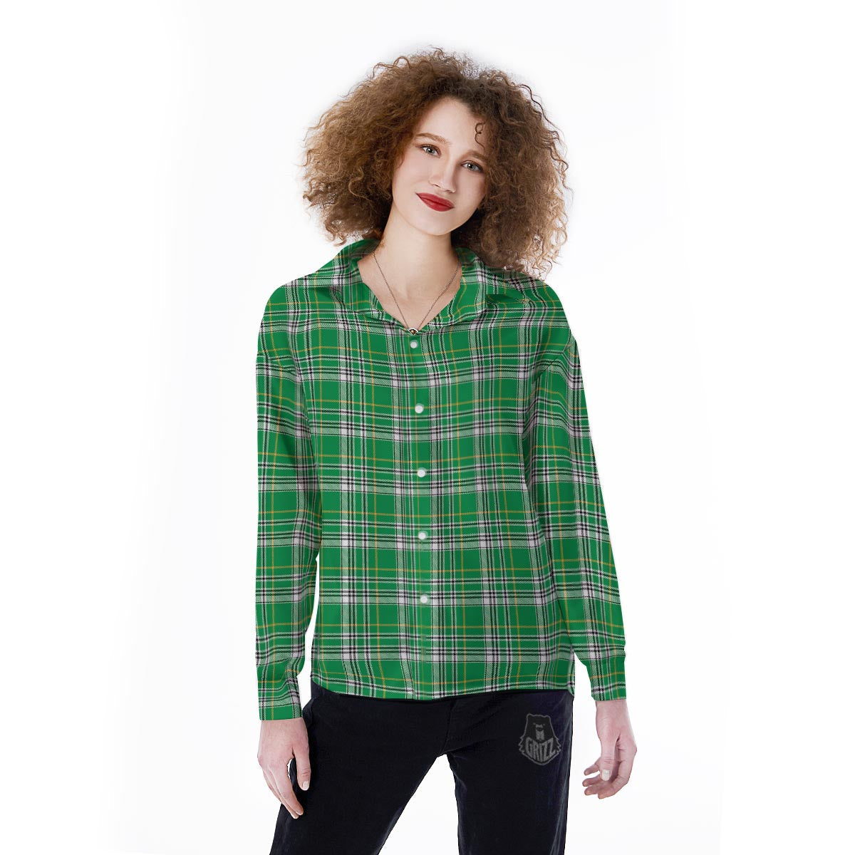 Stewart Plaid Saint Patrick's Day Print Pattern Women's Long Sleeve Shirts-grizzshop