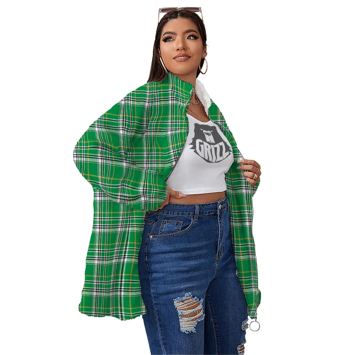 Stewart Plaid Saint Patrick's Day Print Pattern Women's Sherpa Jacket-grizzshop