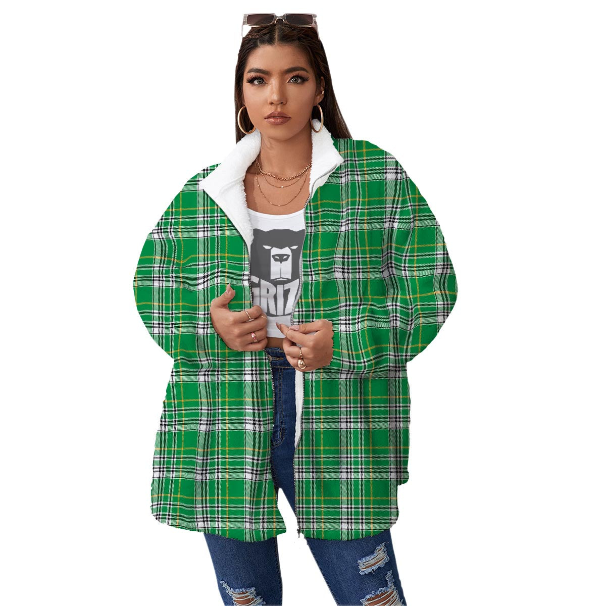 Stewart Plaid Saint Patrick's Day Print Pattern Women's Sherpa Jacket-grizzshop