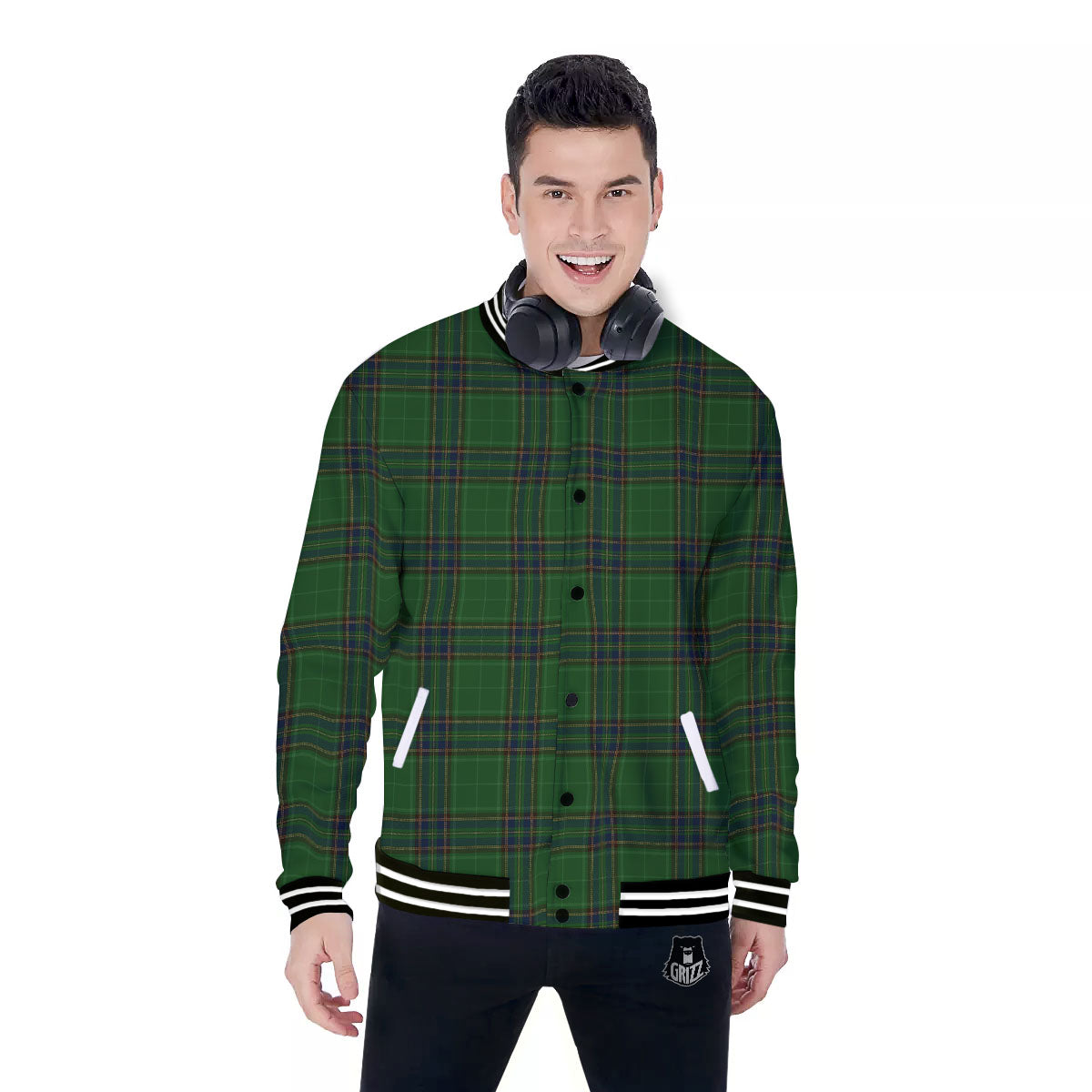Stewart Tartan Blue And Green Print Baseball Jacket-grizzshop