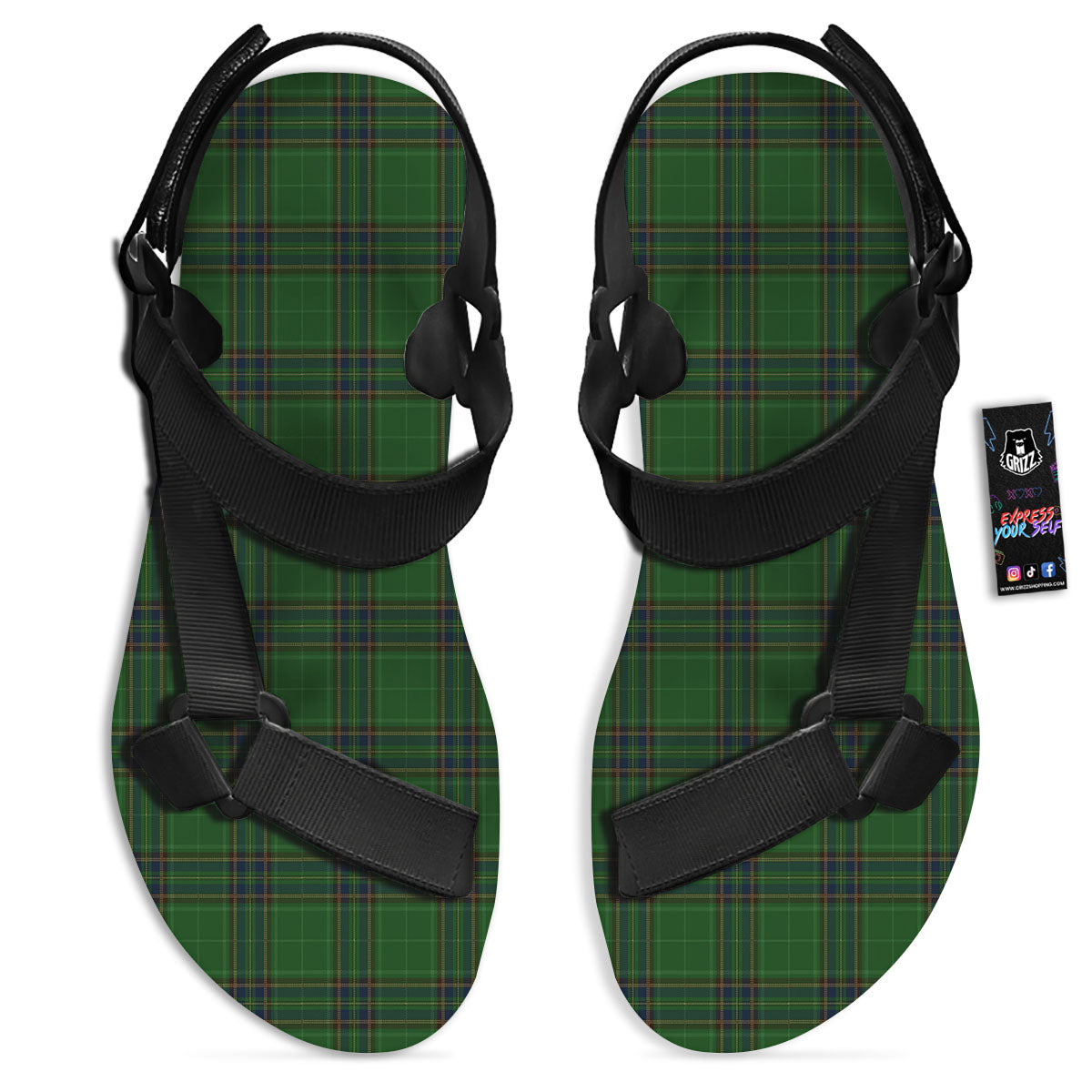 Stewart Tartan Blue And Green Print Black Open Toe Sandals-grizzshop