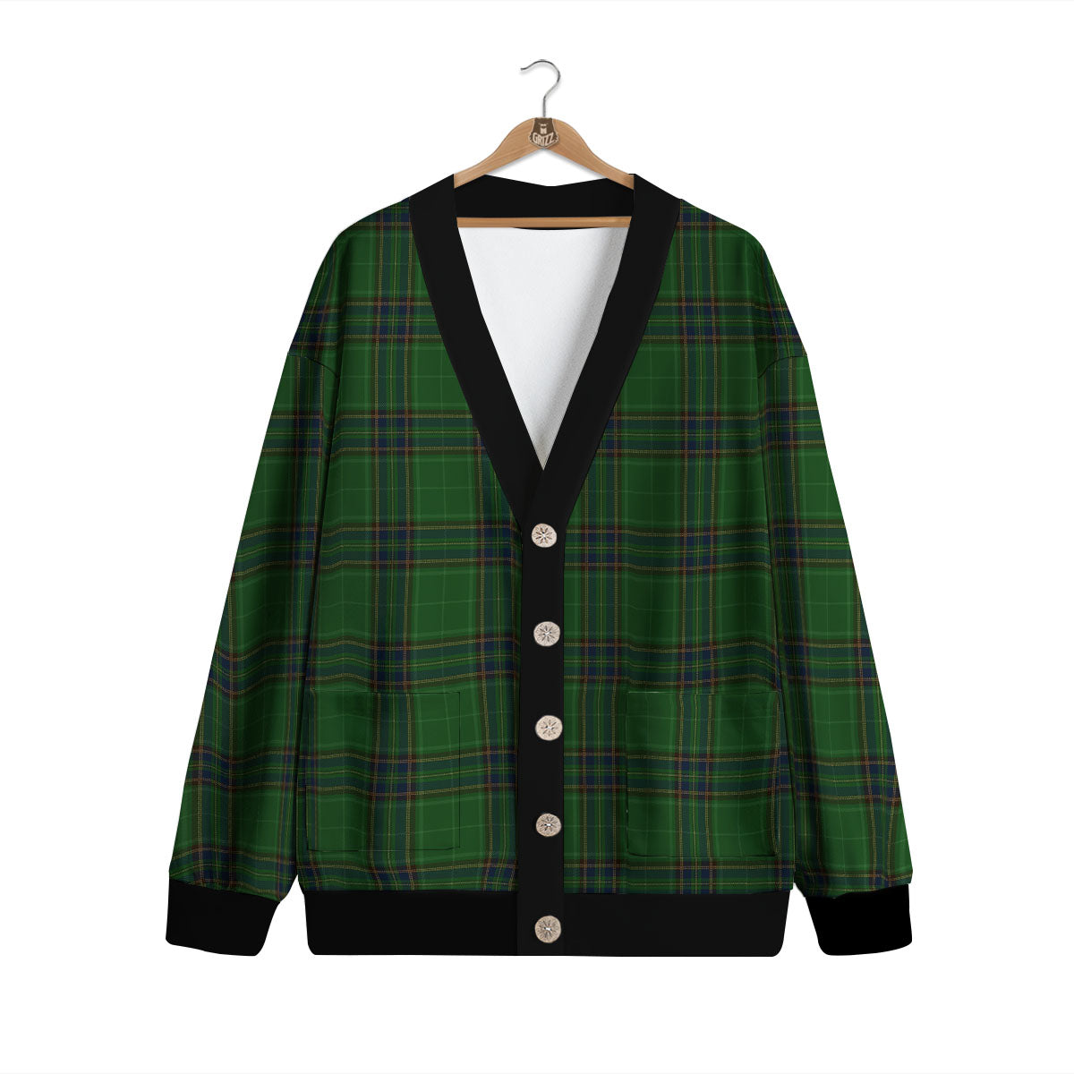 Stewart Tartan Blue And Green Print Cardigan-grizzshop