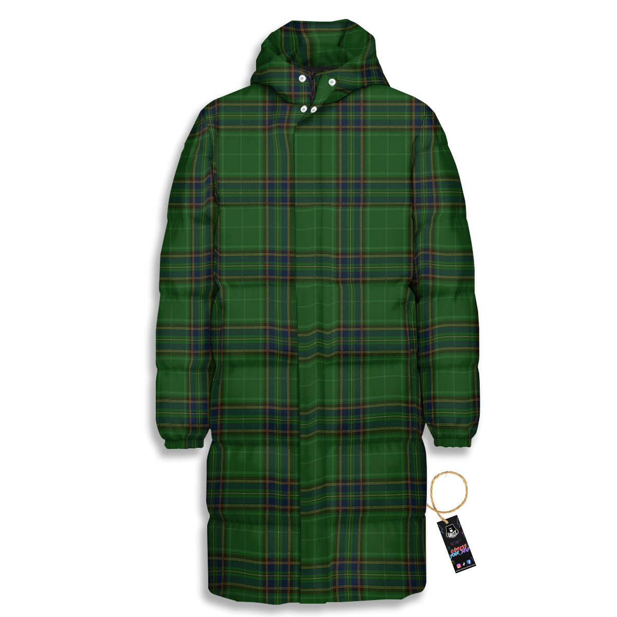 Stewart Tartan Blue And Green Print Long Down Jacket-grizzshop