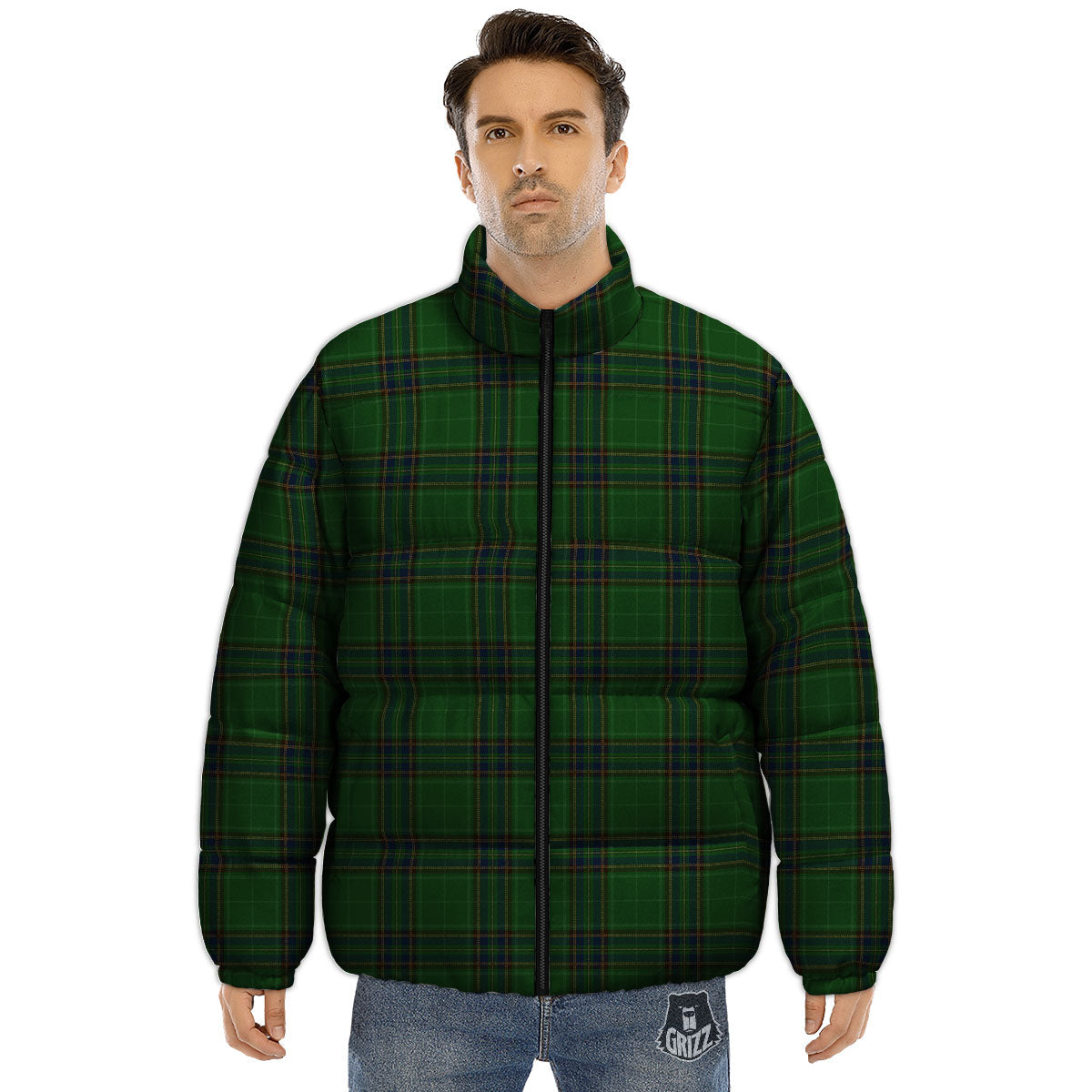 Stewart Tartan Blue And Green Print Puffer Jacket-grizzshop
