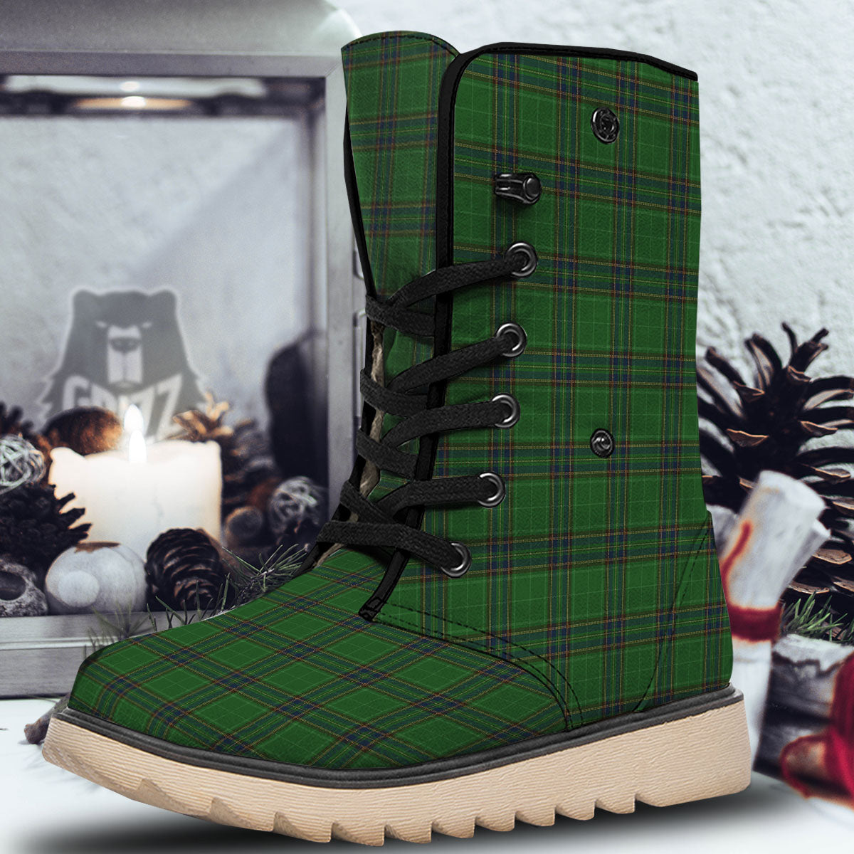 Stewart Tartan Blue And Green Print Snow Boots-grizzshop