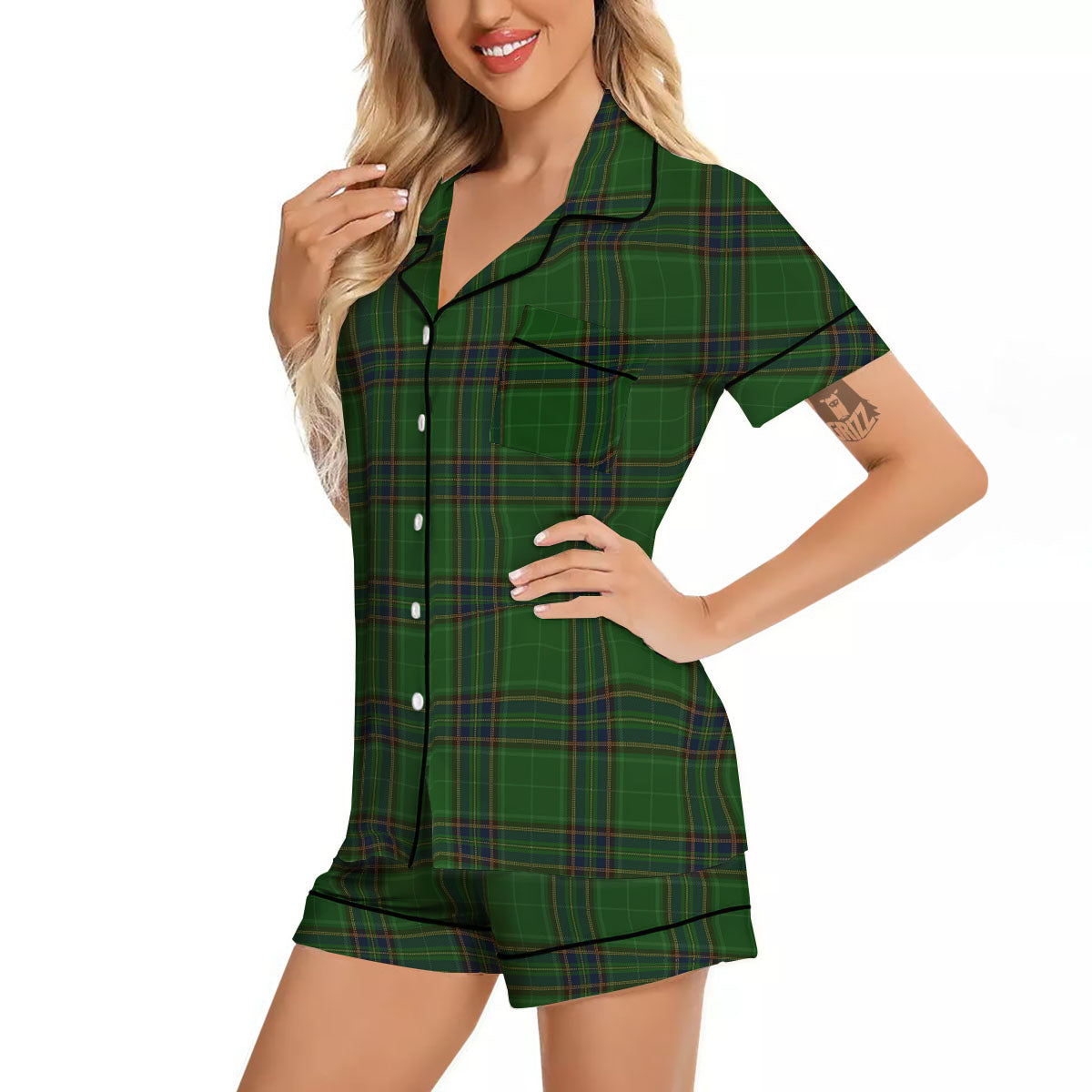 Stewart Tartan Blue And Green Print Women Silk Pajamas-grizzshop