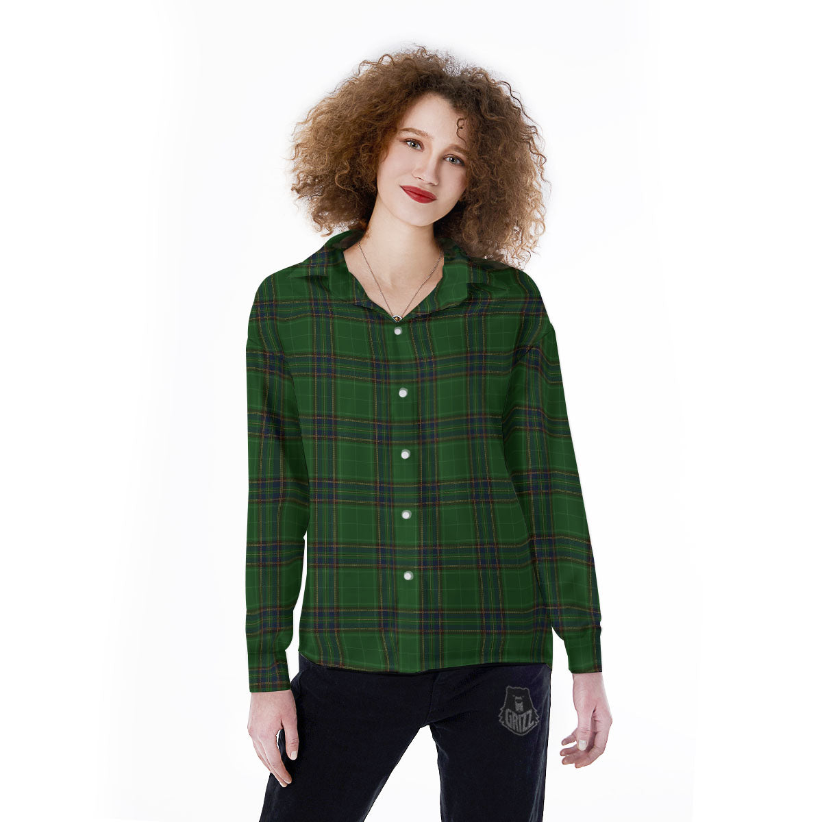 Stewart Tartan Blue And Green Print Women's Long Sleeve Shirts-grizzshop