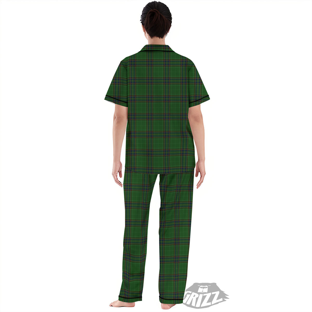 Stewart Tartan Blue And Green Print Women's Pajamas Set-grizzshop
