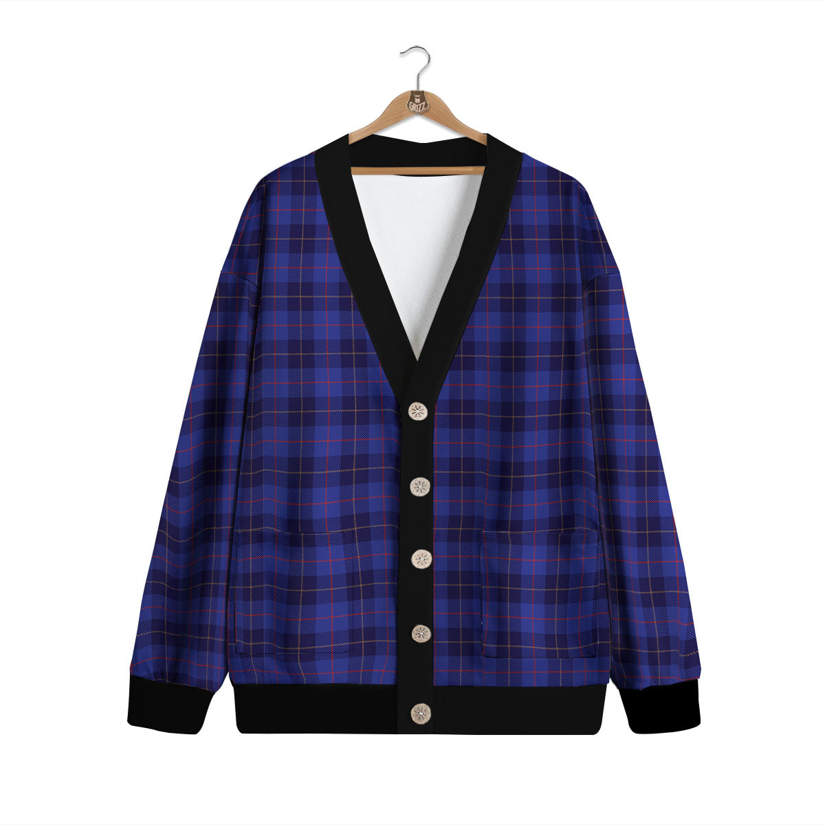 Stewart Tartan Deep Blue Print Cardigan-grizzshop