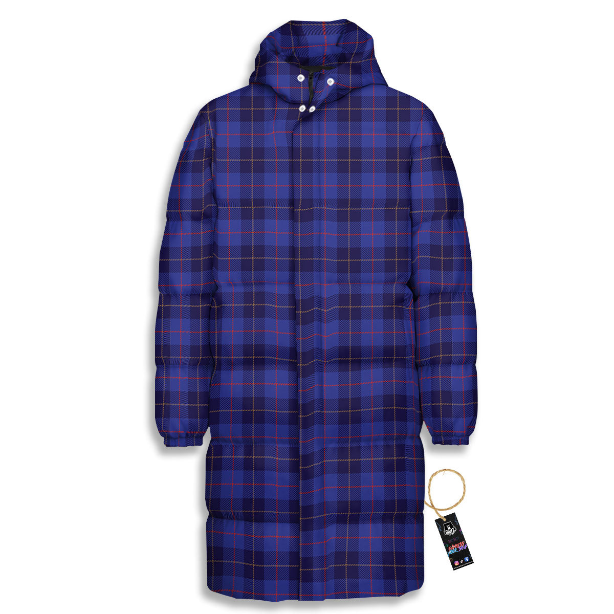 Stewart Tartan Deep Blue Print Long Down Jacket-grizzshop