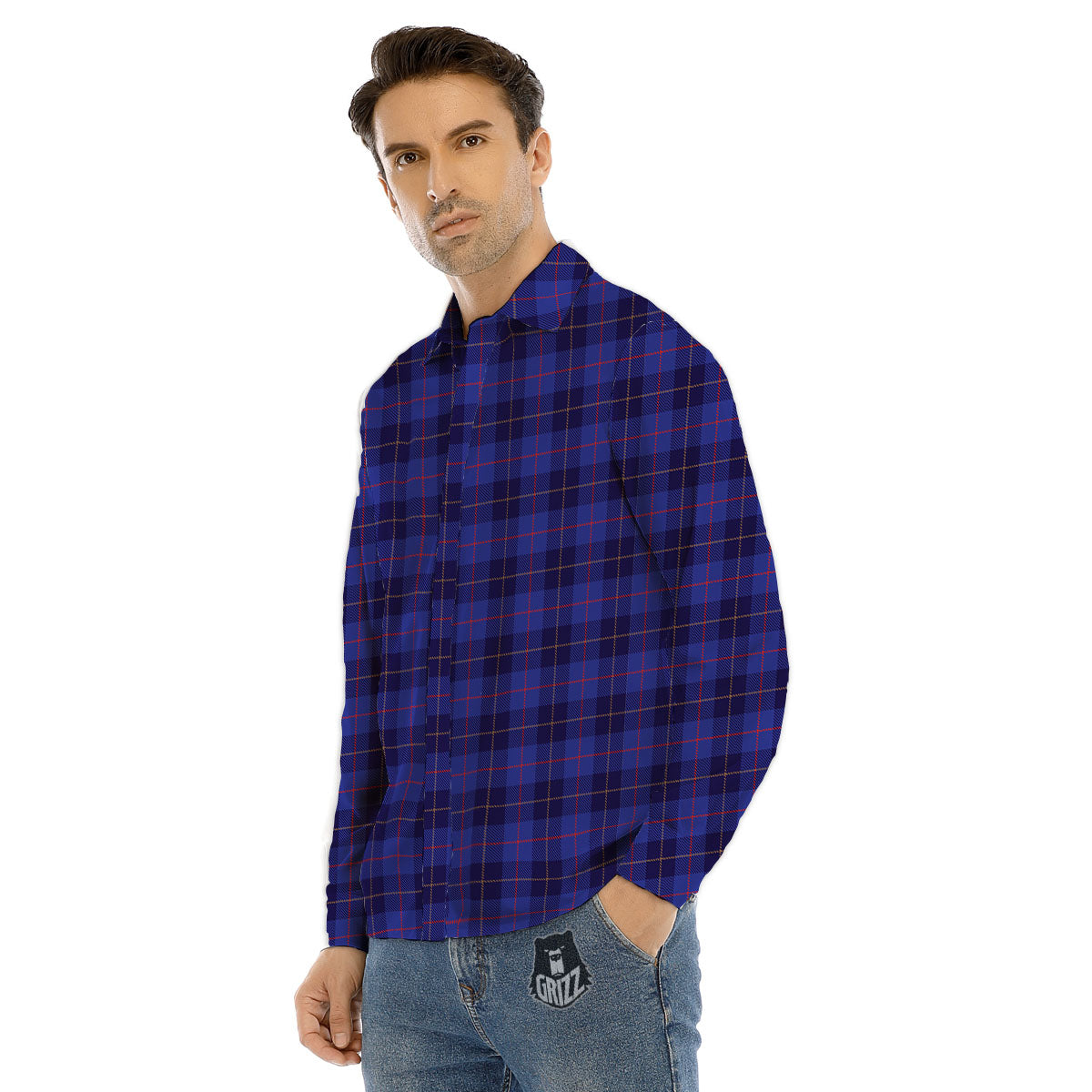 Stewart Tartan Deep Blue Print Men's Dress Shirts-grizzshop