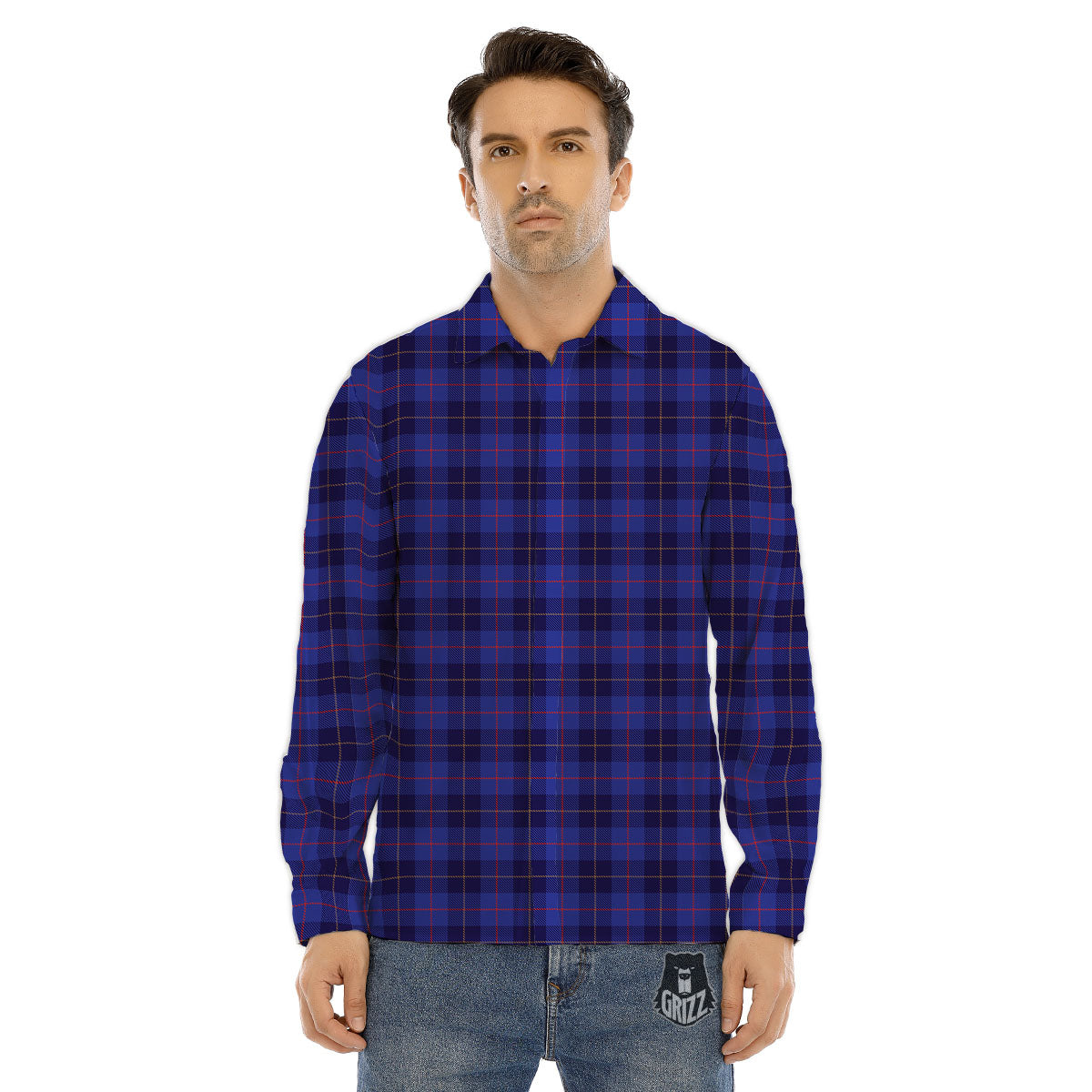 Stewart Tartan Deep Blue Print Men's Dress Shirts-grizzshop