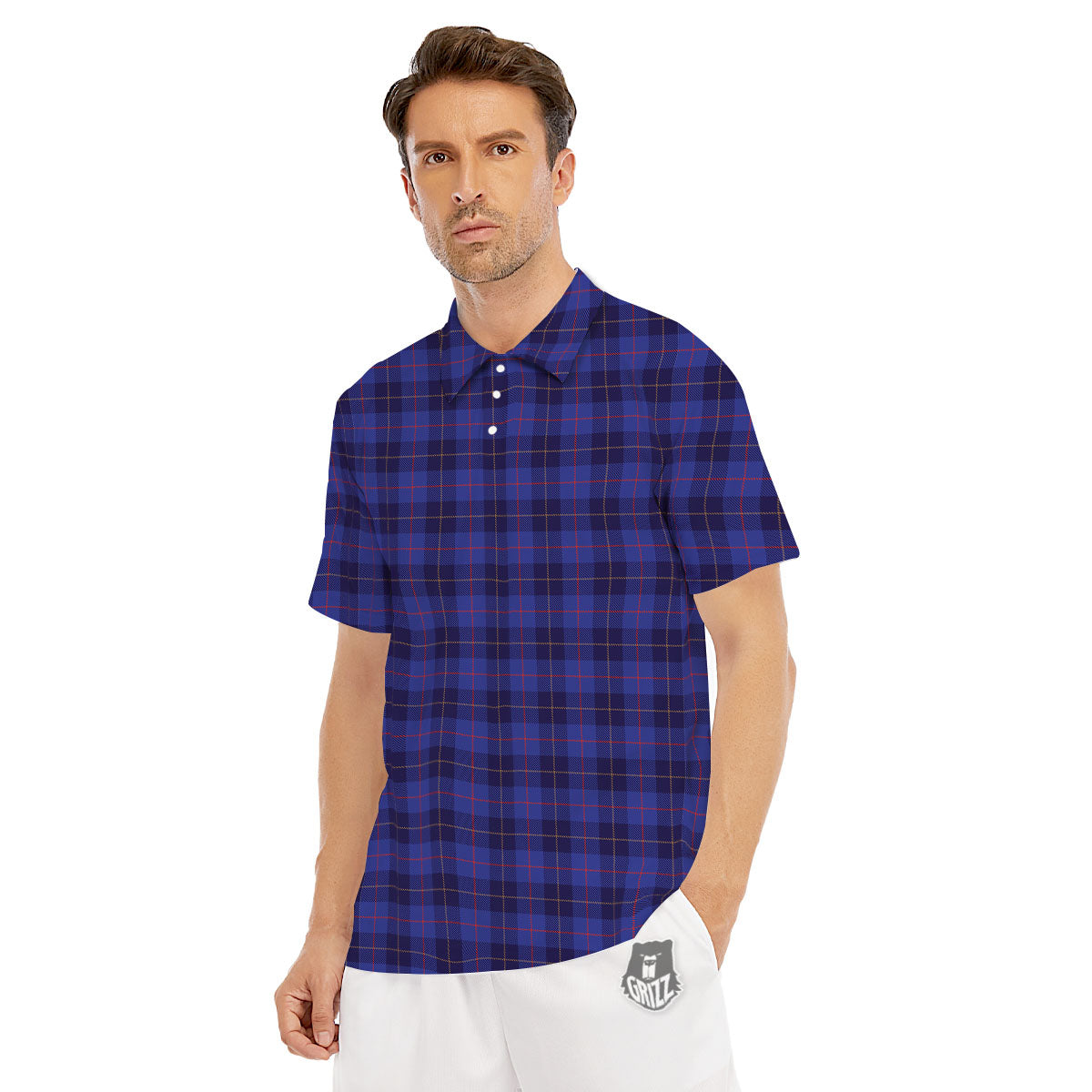 Stewart Tartan Deep Blue Print Men's Golf Shirts-grizzshop