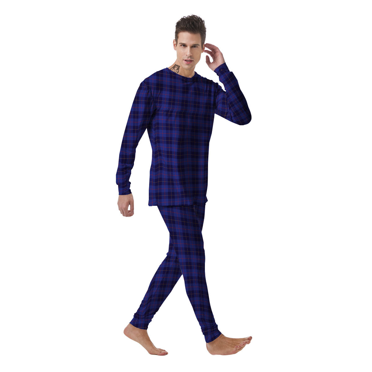 Stewart Tartan Deep Blue Print Men's Pajamas-grizzshop