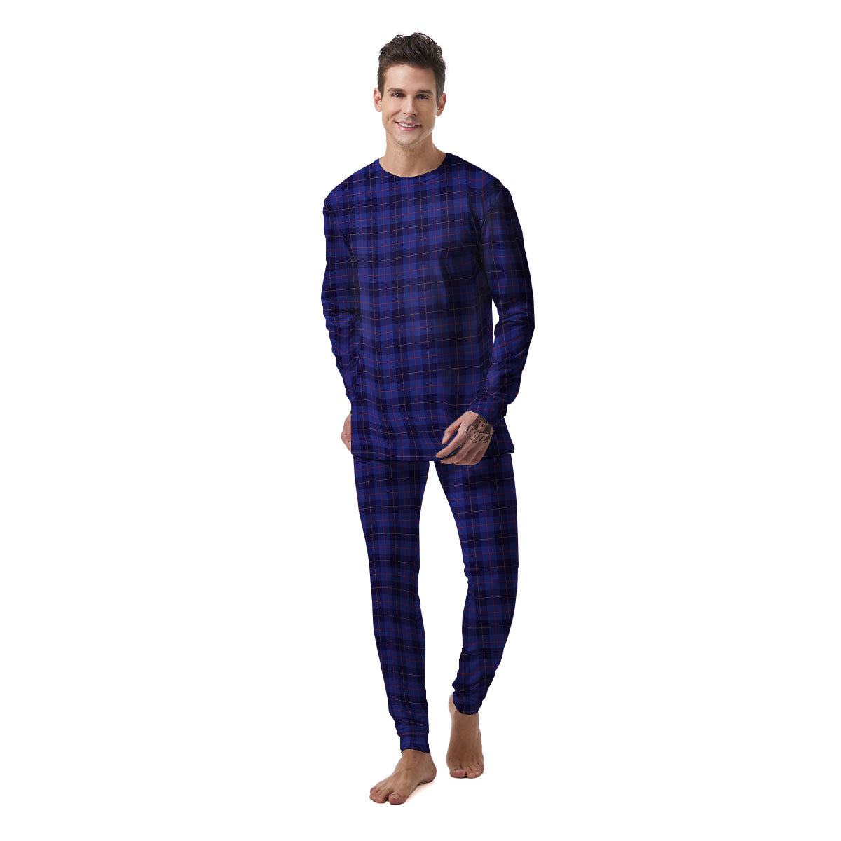 Stewart Tartan Deep Blue Print Men's Pajamas-grizzshop