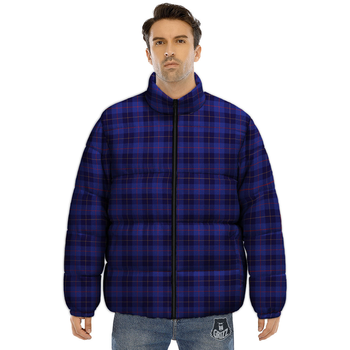 Stewart Tartan Deep Blue Print Puffer Jacket-grizzshop