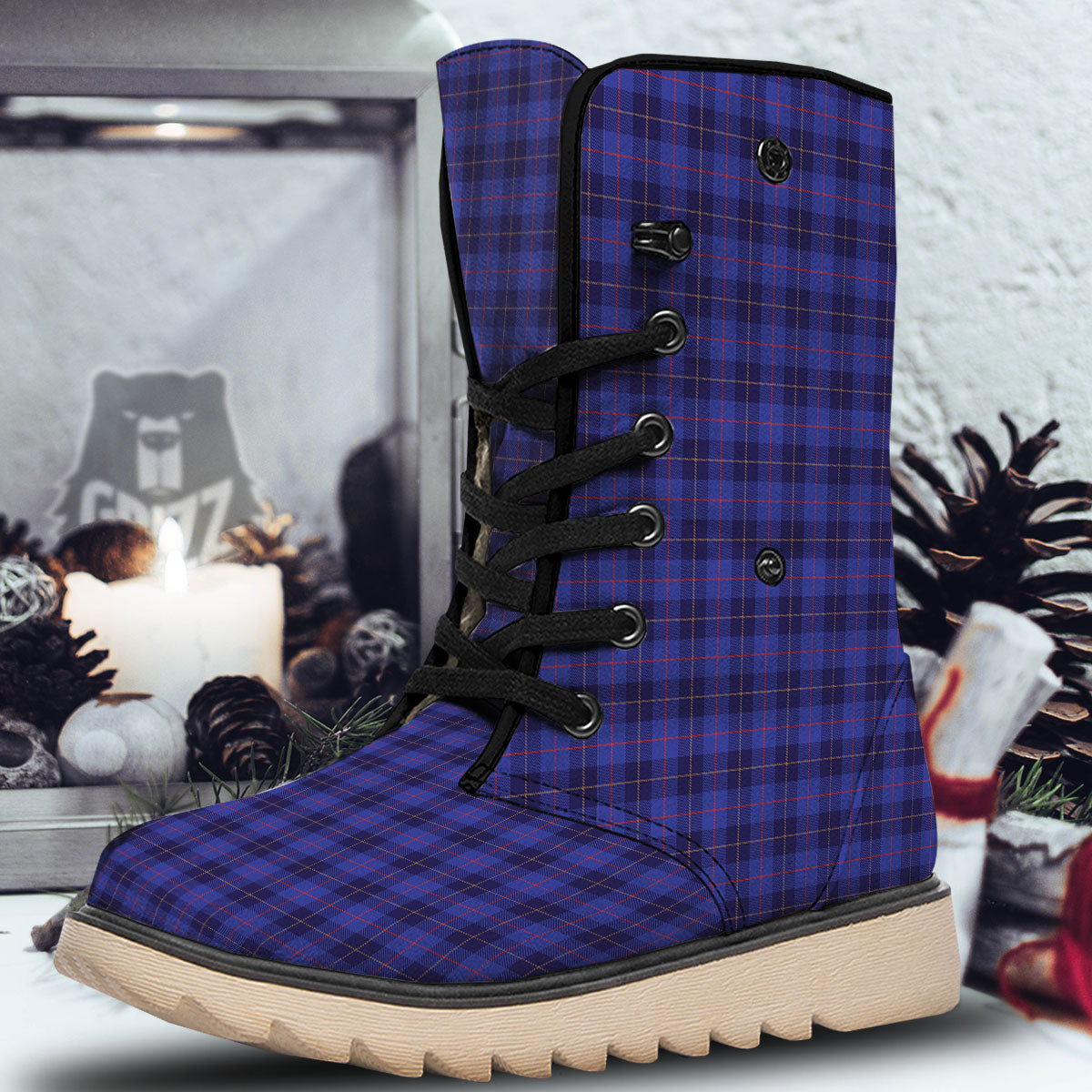 Stewart Tartan Deep Blue Print Snow Boots-grizzshop