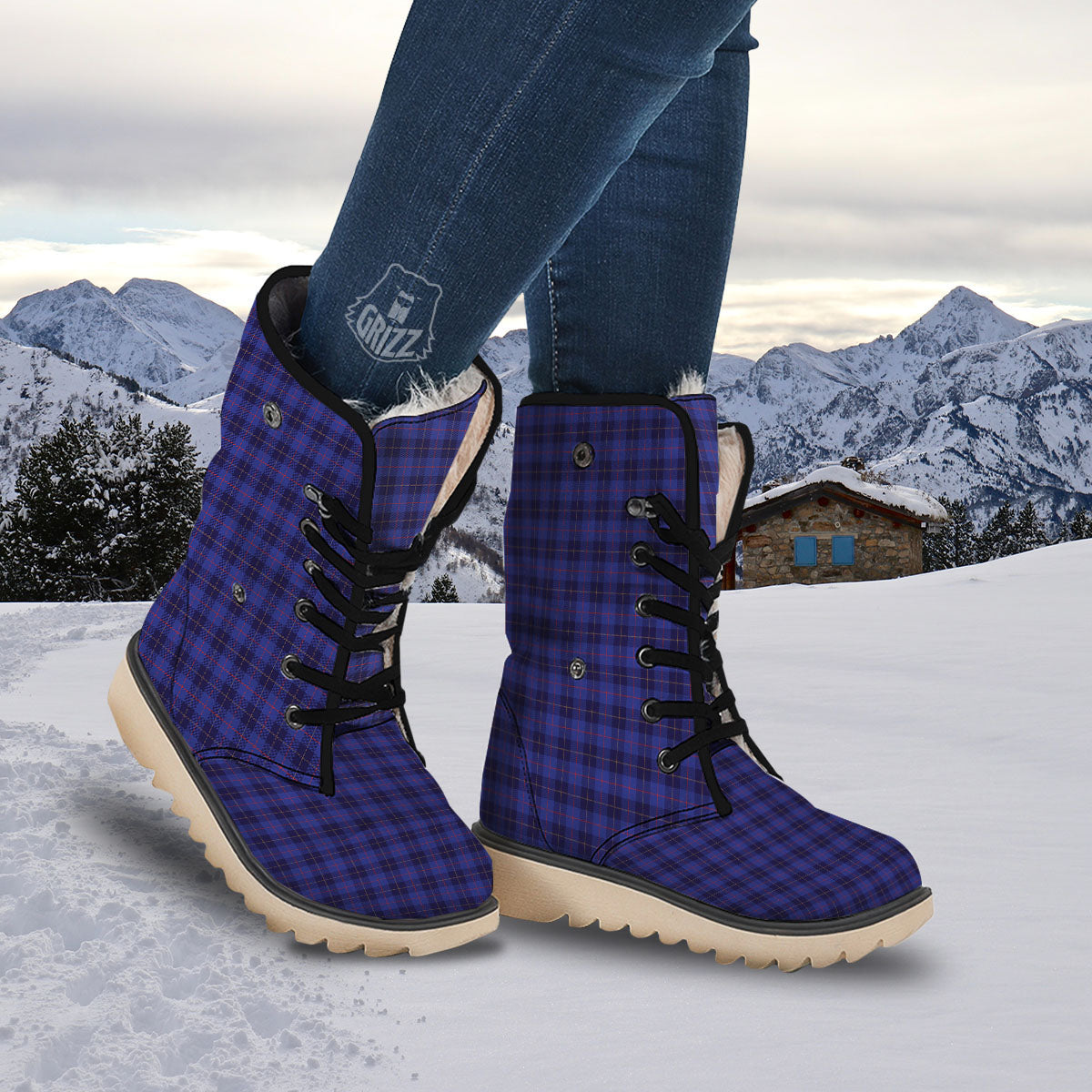 Stewart Tartan Deep Blue Print Snow Boots-grizzshop