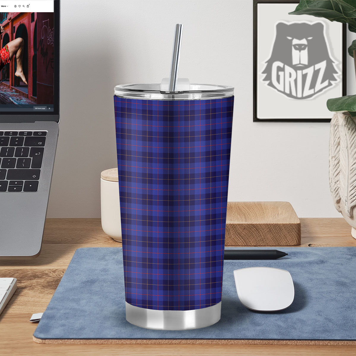 Stewart Tartan Deep Blue Print Tumbler-grizzshop