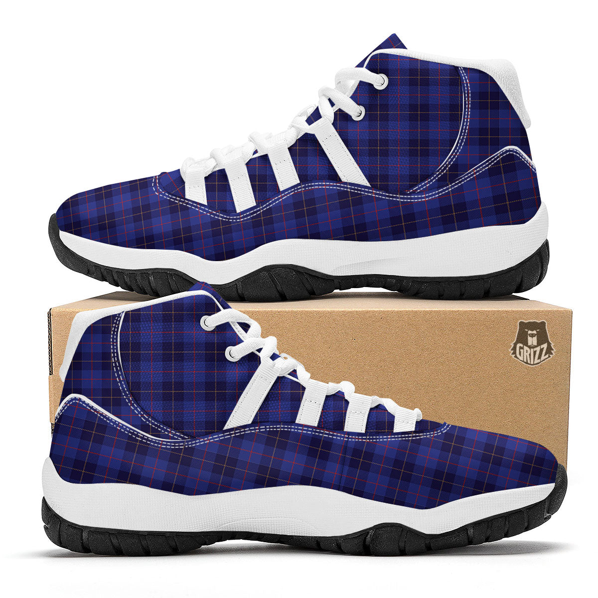 Stewart Tartan Deep Blue Print White Bball Shoes-grizzshop