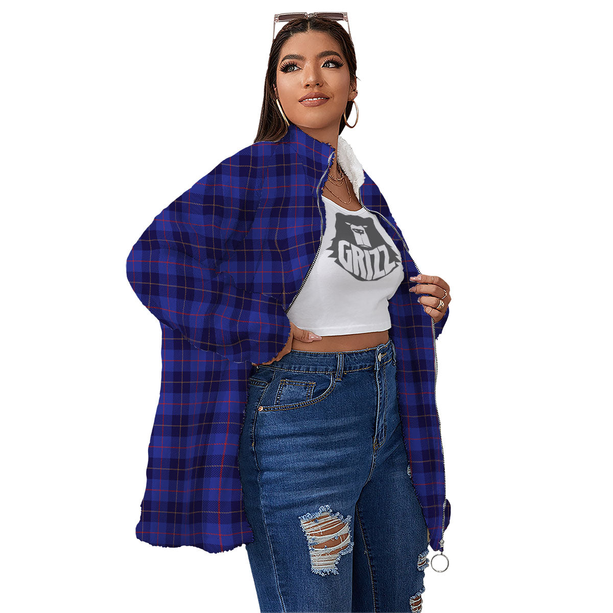 Stewart Tartan Deep Blue Print Women's Sherpa Jacket-grizzshop