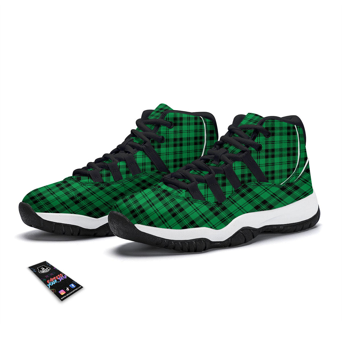 Stewart Tartan Green And Black Print Black Bball Shoes-grizzshop
