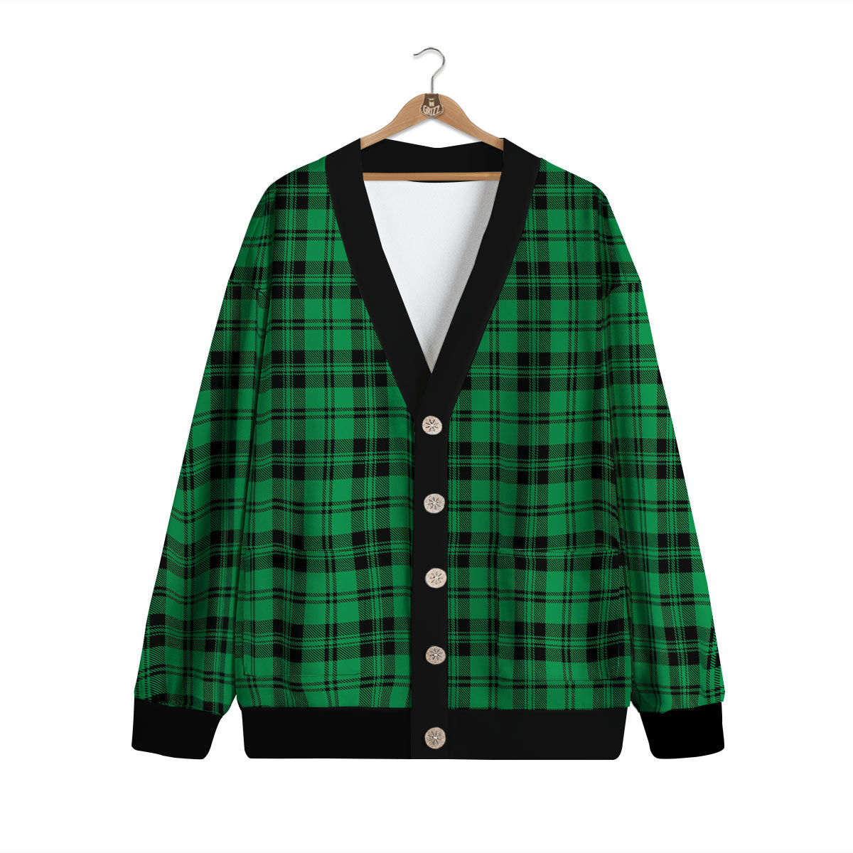 Stewart Tartan Green And Black Print Cardigan-grizzshop