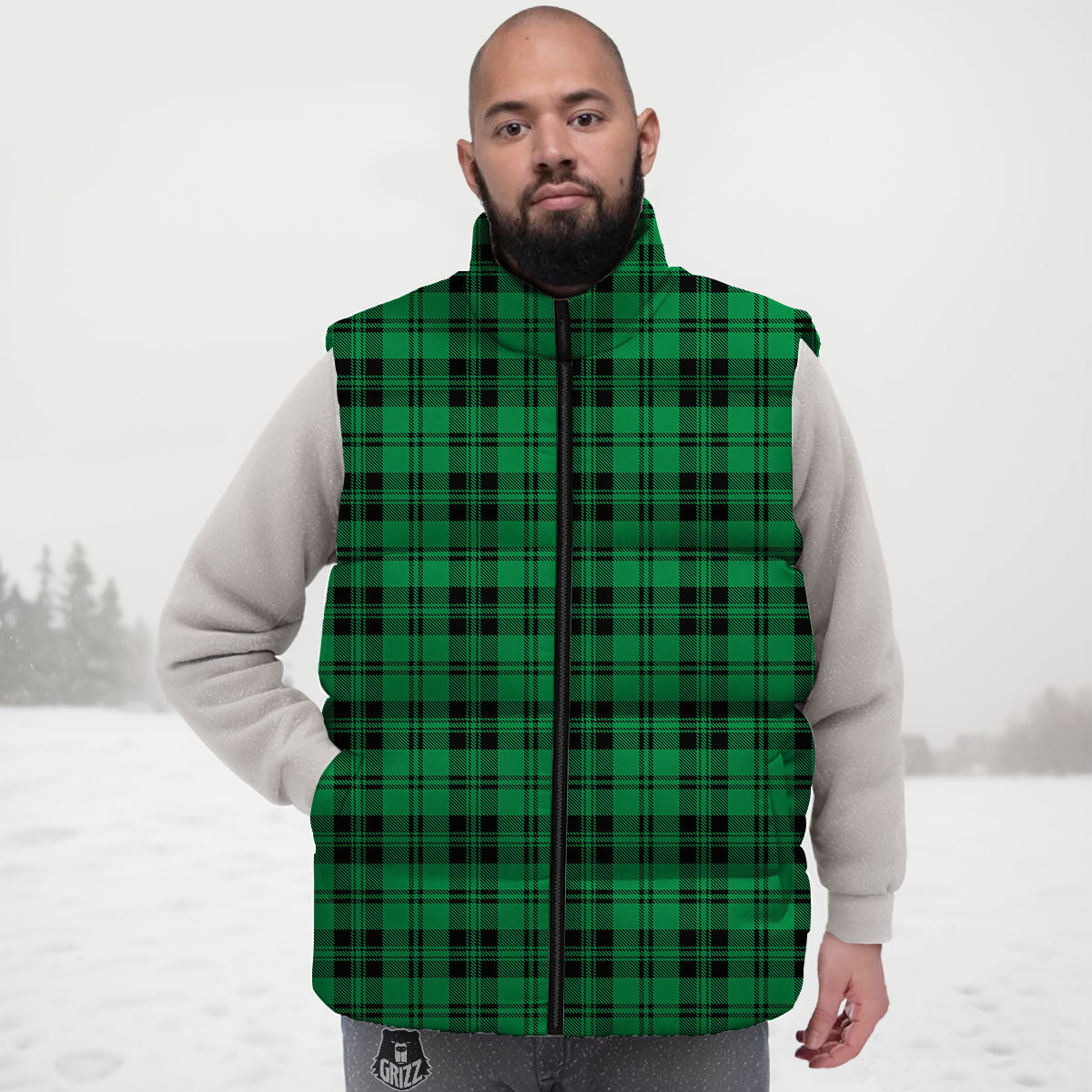 Stewart Tartan Green And Black Print Down Vest