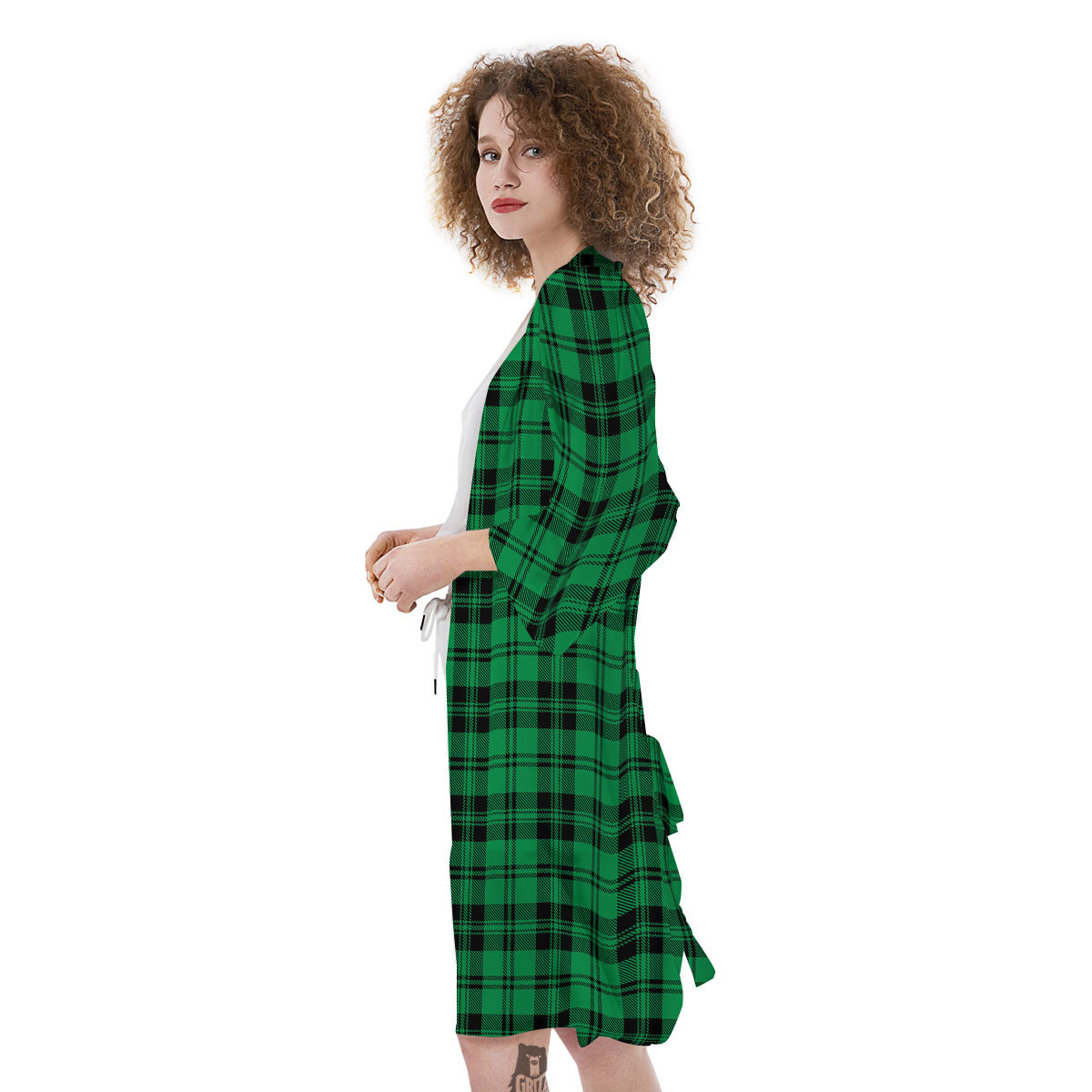 Stewart Tartan Green And Black Print Kimono-grizzshop