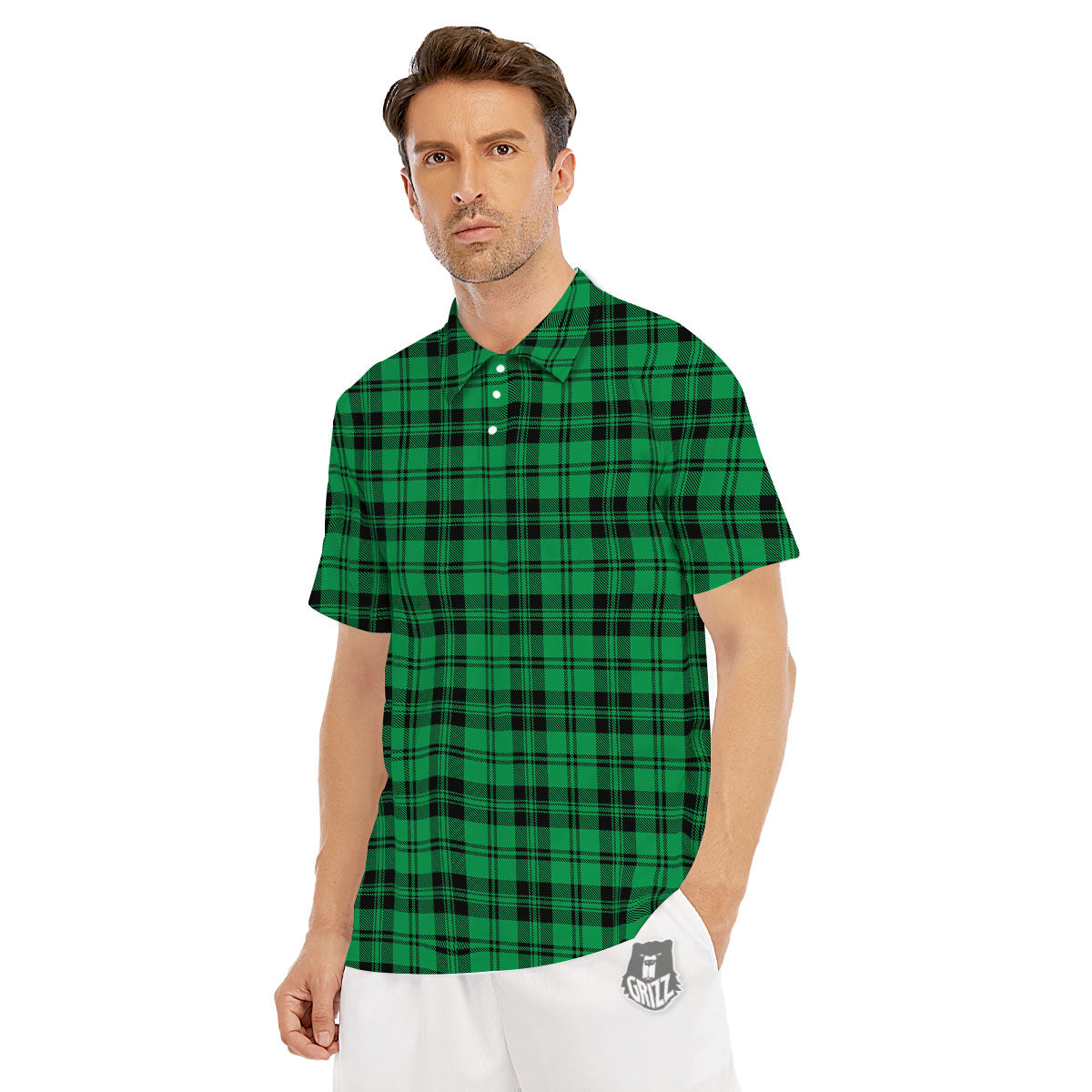 Stewart Tartan Green And Black Print Men's Golf Shirts-grizzshop