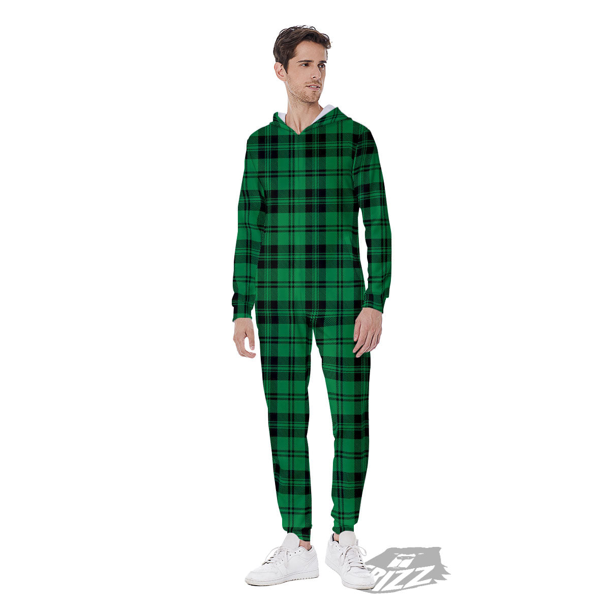 Stewart Tartan Green And Black Print Men's Jumpsuit-grizzshop