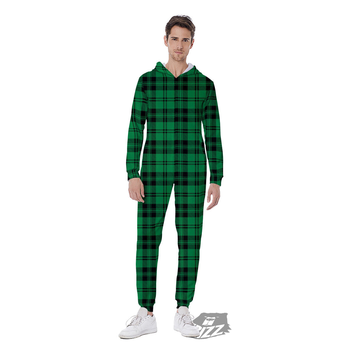 Stewart Tartan Green And Black Print Men's Jumpsuit-grizzshop