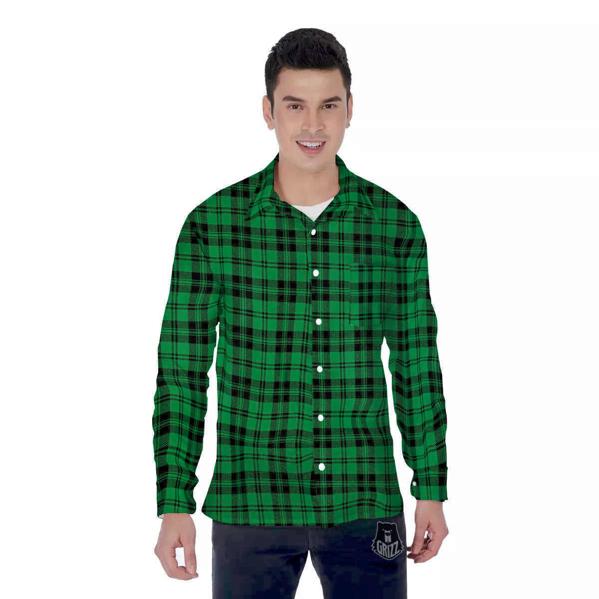 Stewart Tartan Green And Black Print Men's Long Sleeve Shirts-grizzshop