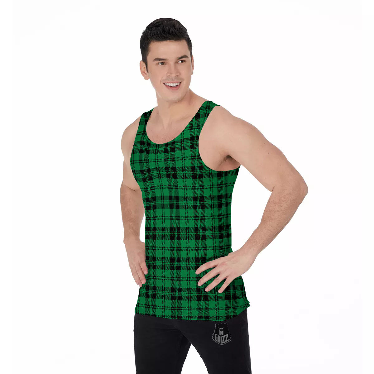 Stewart Tartan Green And Black Print Men's Tank Top-grizzshop