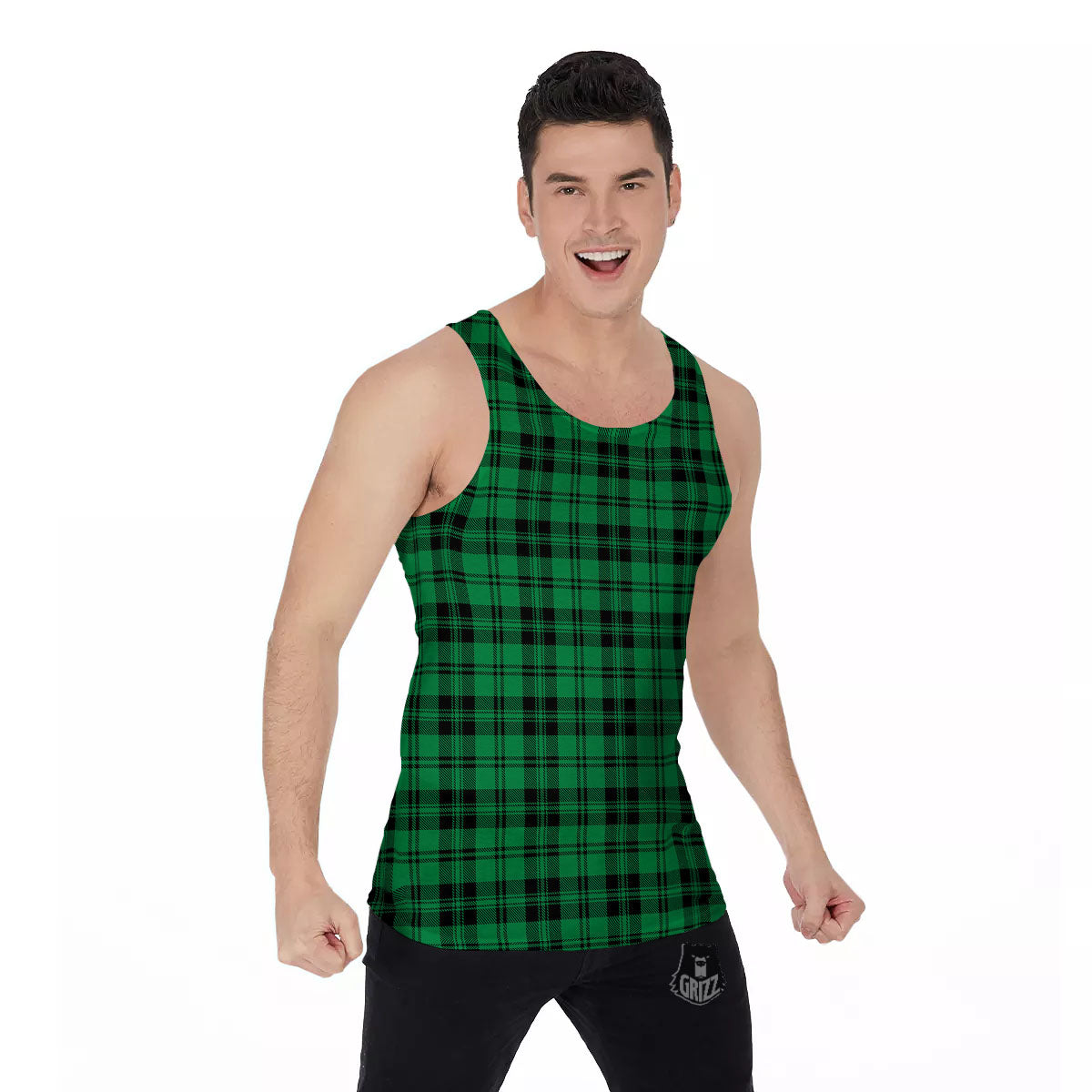 Stewart Tartan Green And Black Print Men's Tank Top-grizzshop