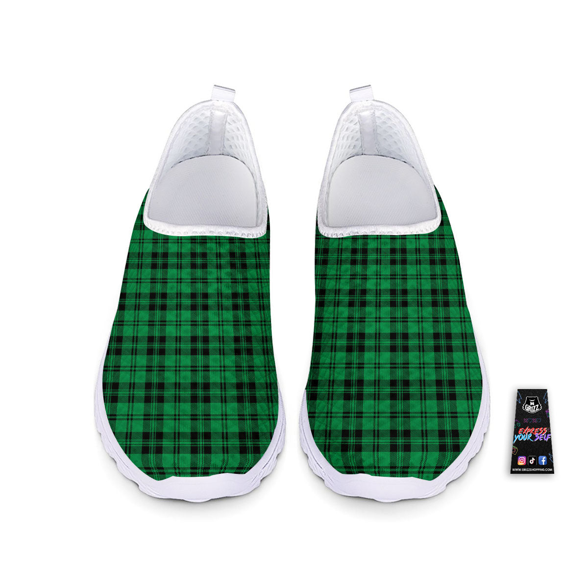 Stewart Tartan Green And Black Print Nurse Shoes-grizzshop