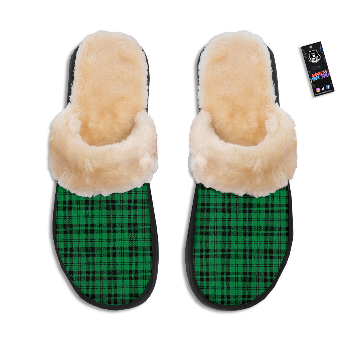Stewart Tartan Green And Black Print Slippers-grizzshop
