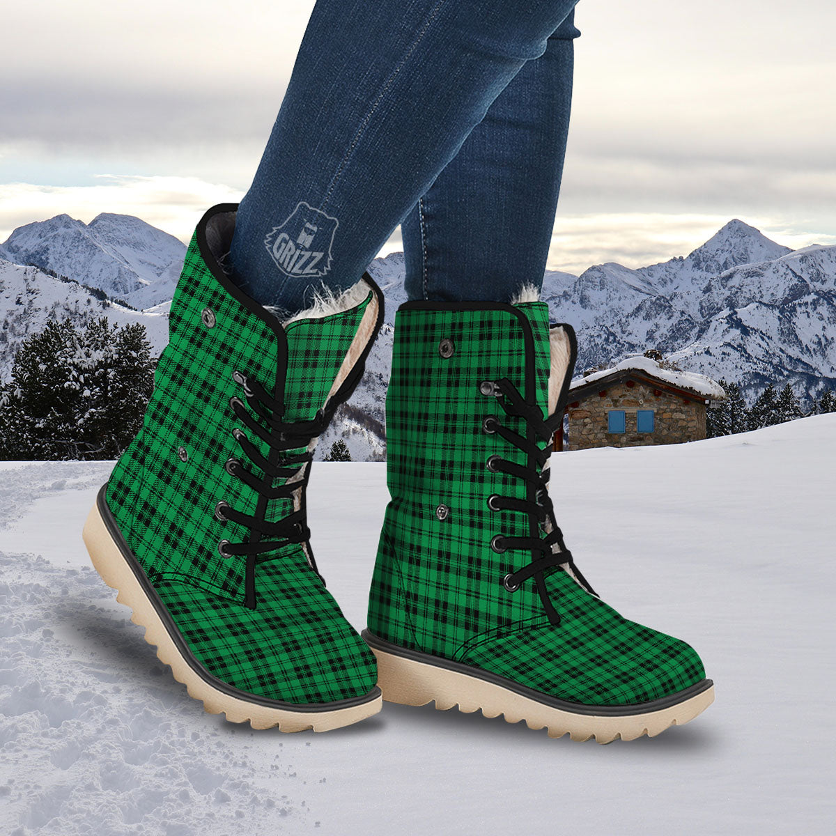 Stewart Tartan Green And Black Print Snow Boots-grizzshop