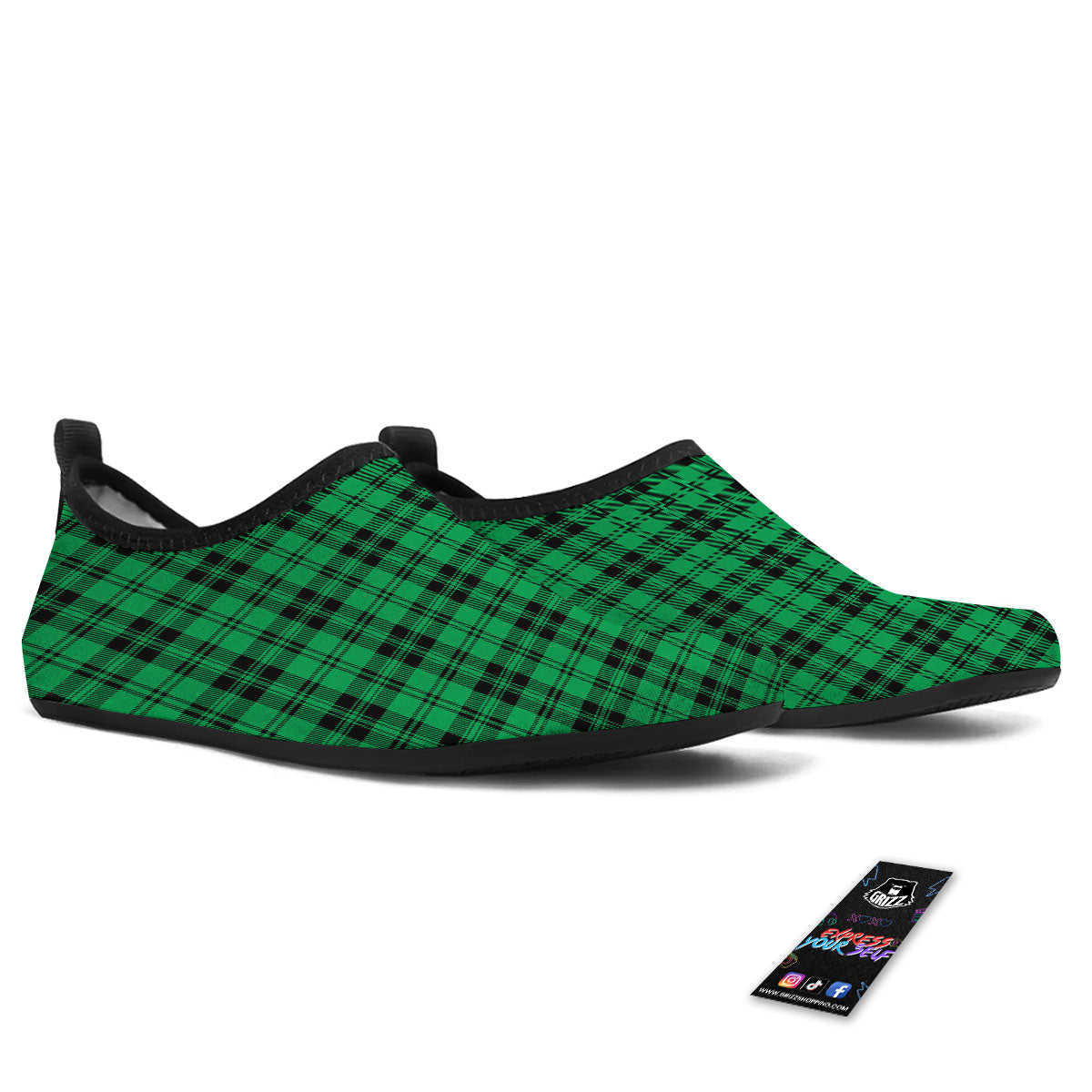 Stewart Tartan Green And Black Print Water Shoes-grizzshop