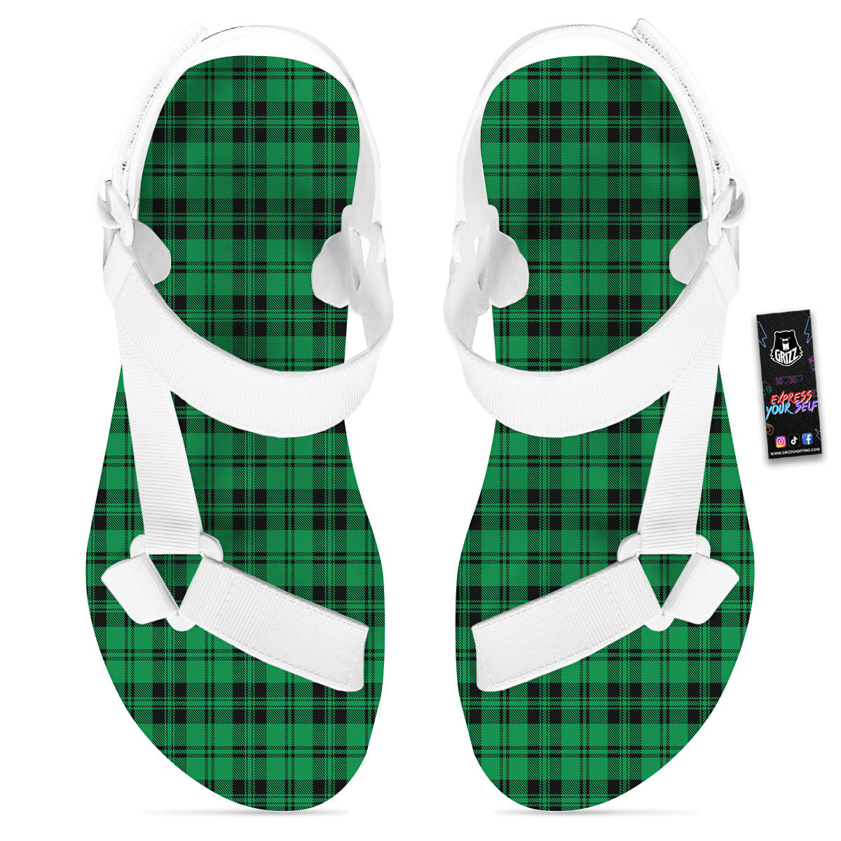 Stewart Tartan Green And Black Print White Open Toe Sandals-grizzshop