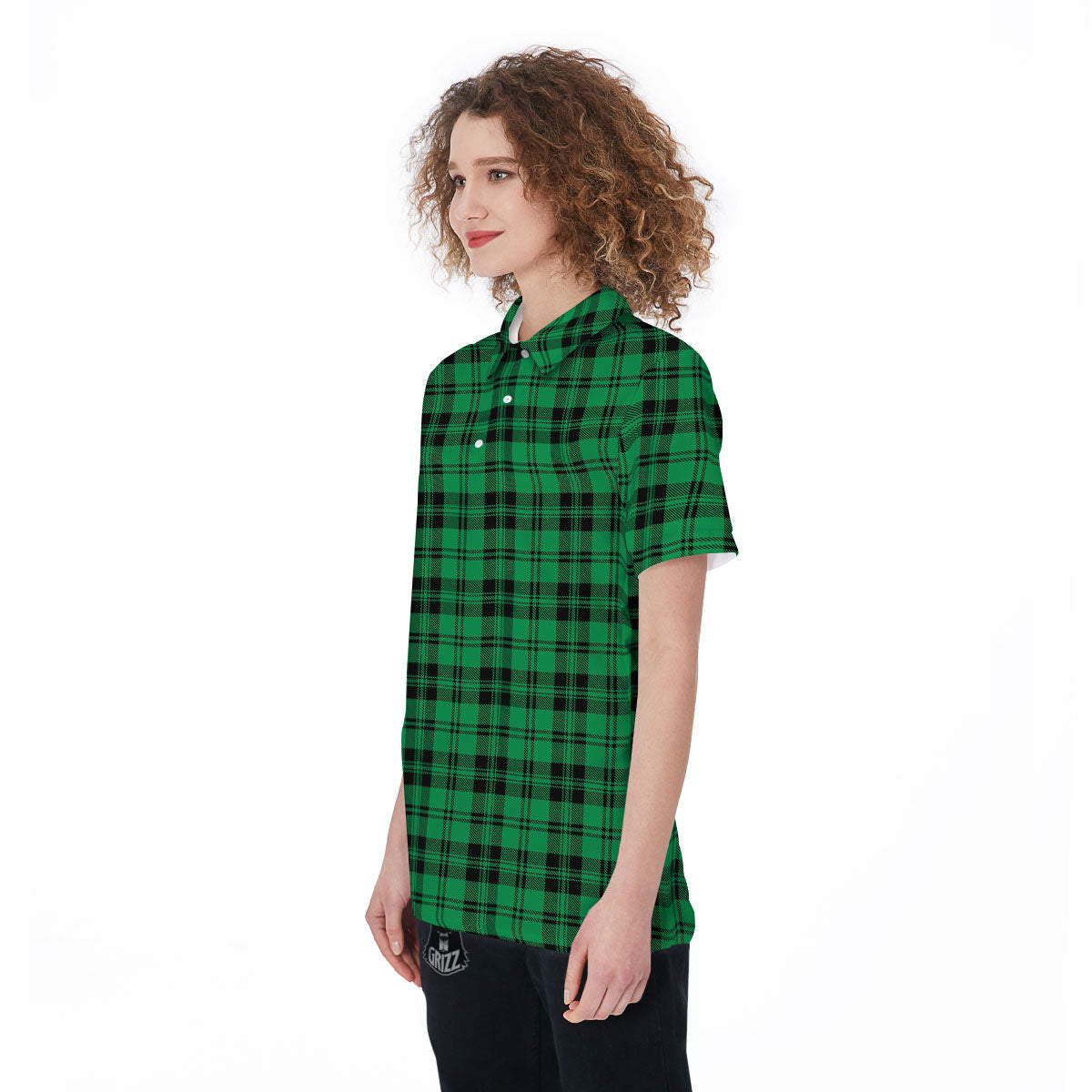 Stewart Tartan Green And Black Print Women's Golf Shirts-grizzshop