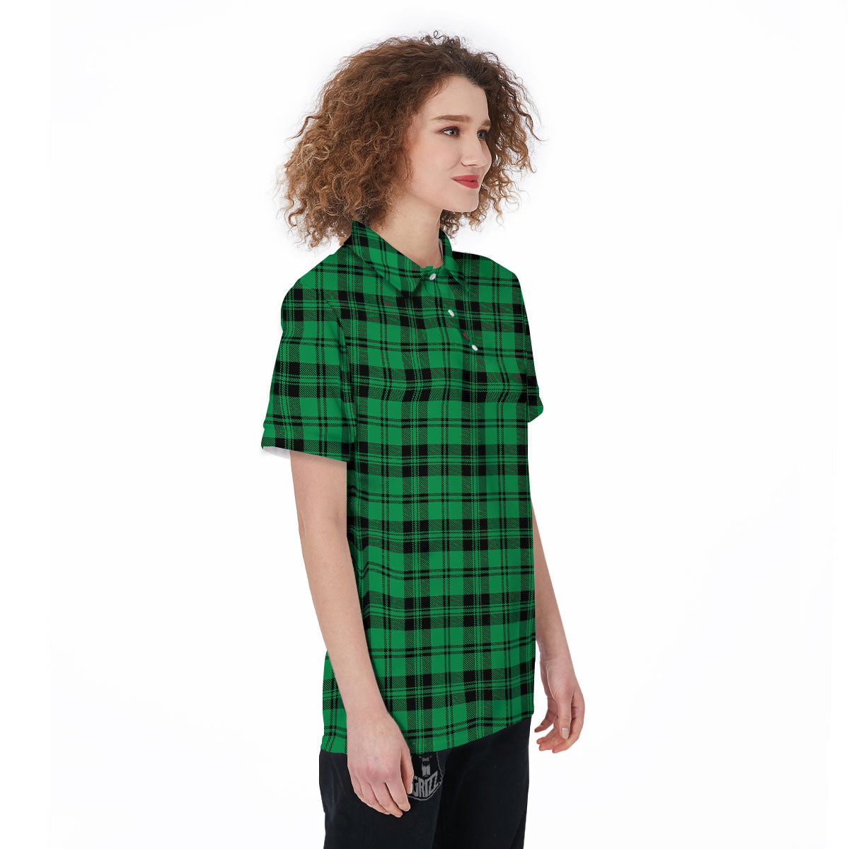 Stewart Tartan Green And Black Print Women's Golf Shirts-grizzshop
