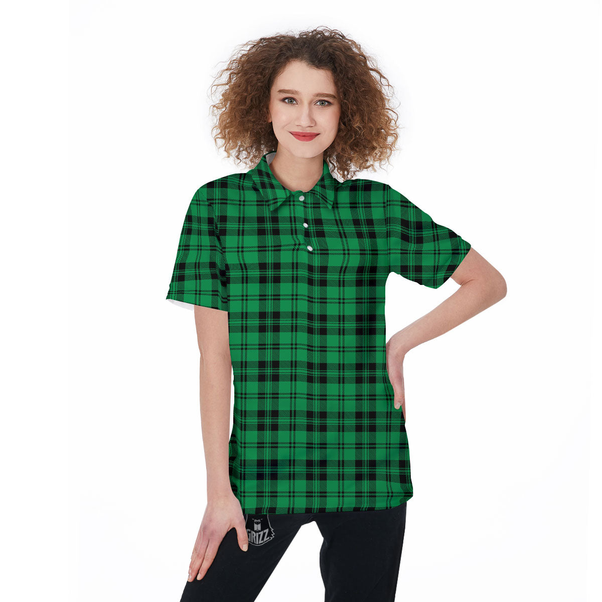 Stewart Tartan Green And Black Print Women's Golf Shirts-grizzshop
