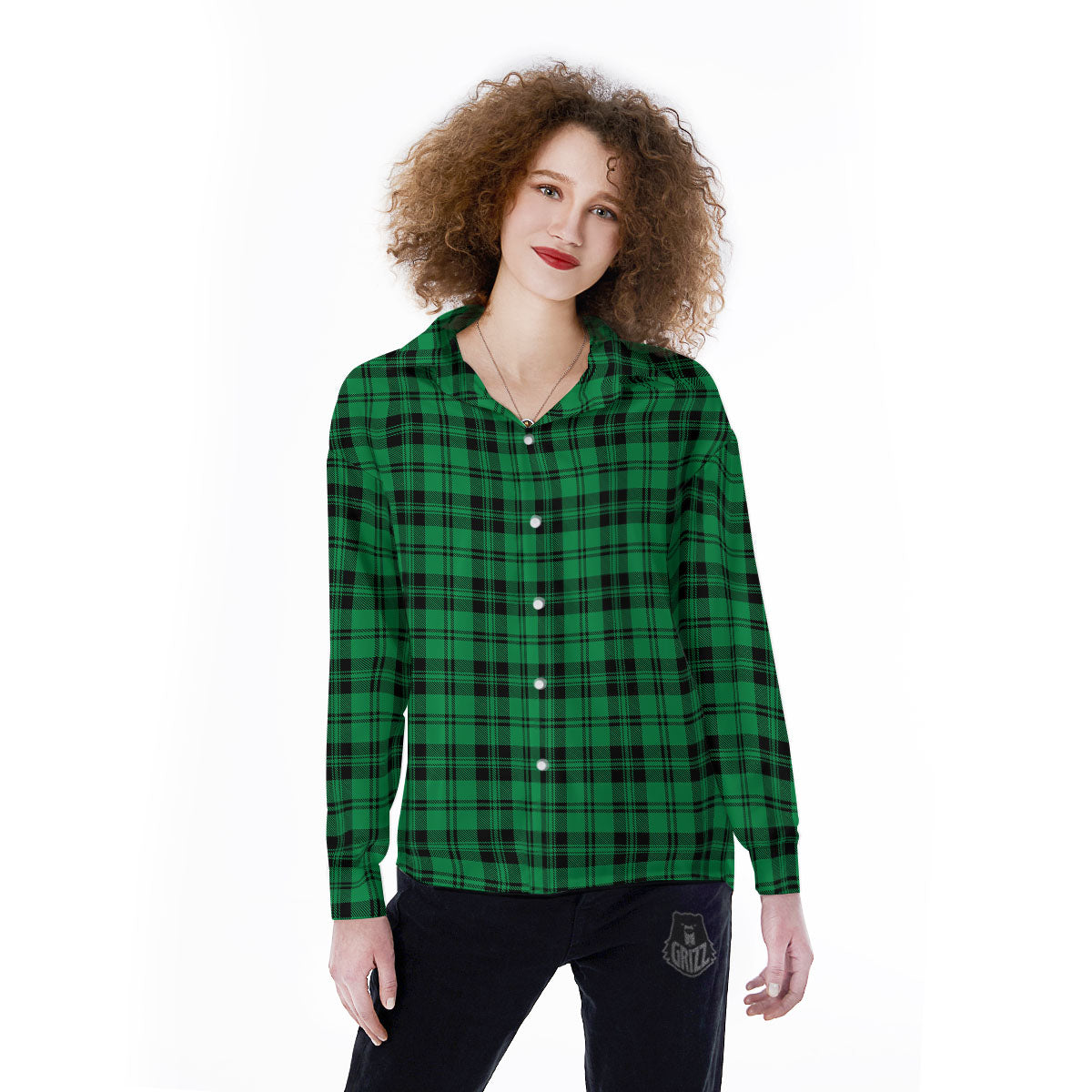 Stewart Tartan Green And Black Print Women's Long Sleeve Shirts-grizzshop
